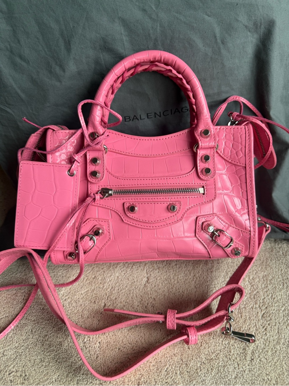 Pink Croc-Embossed Mini City Bag with strap and mirror